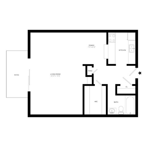 Floor plan for studio, 1 bath, 563 sqft